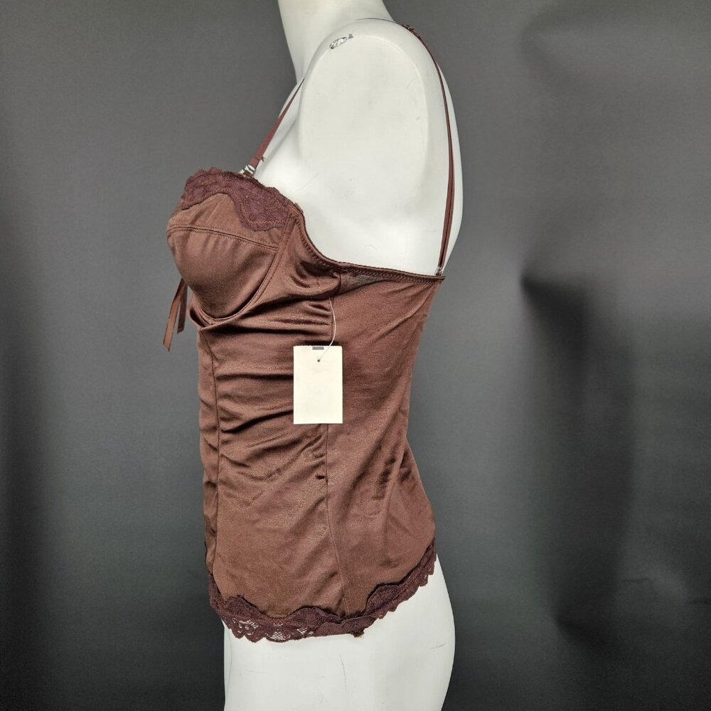 Satin Corset Top Womens L Brown Lace Ruched Bustier Cami Lingerie Coquette Y2K - Picture 5 of 11